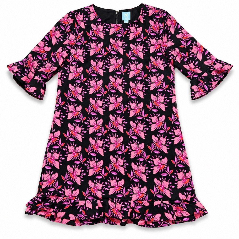 CeCe Black Pink Floral Ruffle Sleeve Dress Women's 8P